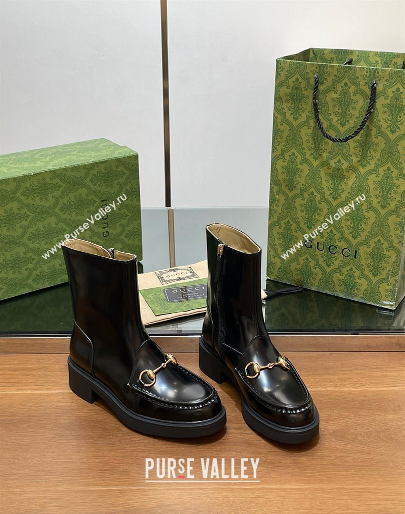 Gucci Shiny Leather Horsebit Ankle Boots 4.5cm Black 2024 798724 (MD-240906013)