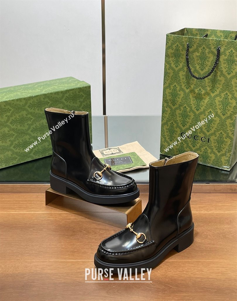 Gucci Shiny Leather Horsebit Ankle Boots 4.5cm Black 2024 798724 (MD-240906013)