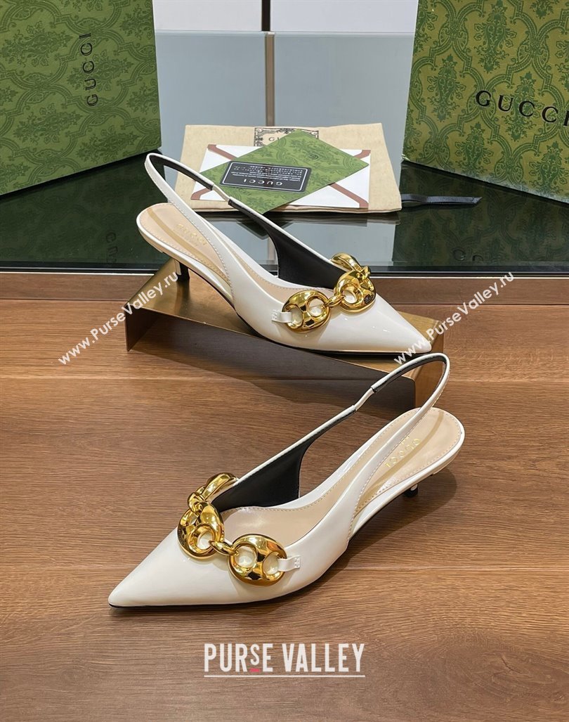 Gucci Patent Leather Slingback Pumps 4.5cm with Marina Chain White 2024 (SS-240906037)