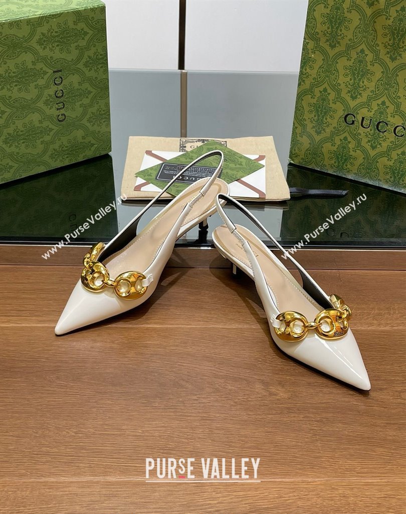 Gucci Patent Leather Slingback Pumps 4.5cm with Marina Chain White 2024 (SS-240906037)