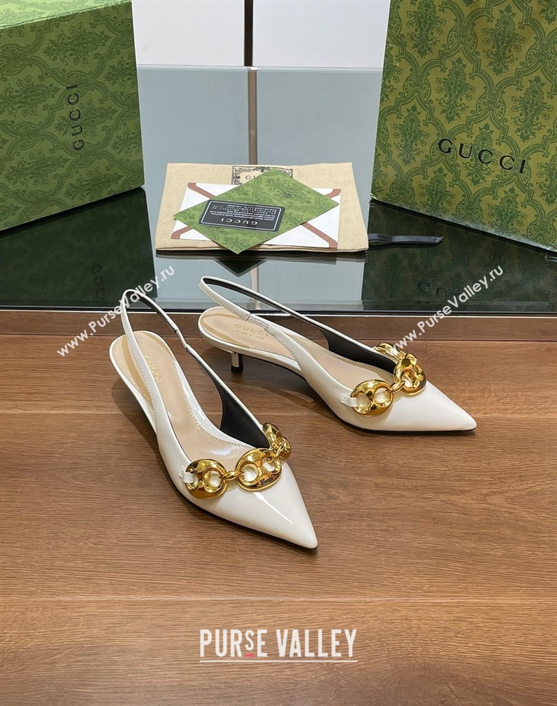 Gucci Patent Leather Slingback Pumps 4.5cm with Marina Chain White 2024 (SS-240906037)