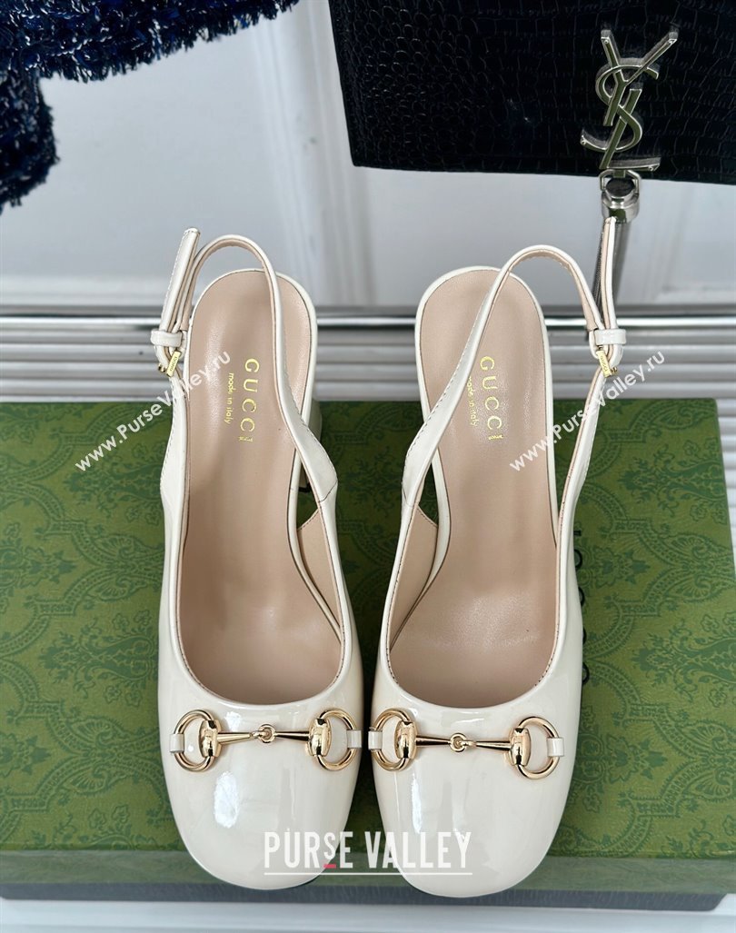 Gucci Patent Leather Horsebit Slingback Pumps 9.5cm White 2024 GG090604 (MD-240906050)