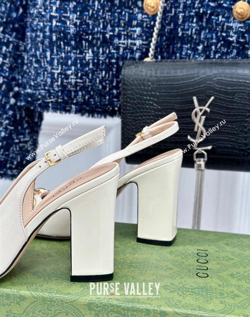 Gucci Patent Leather Horsebit Slingback Pumps 9.5cm White 2024 GG090604 (MD-240906050)