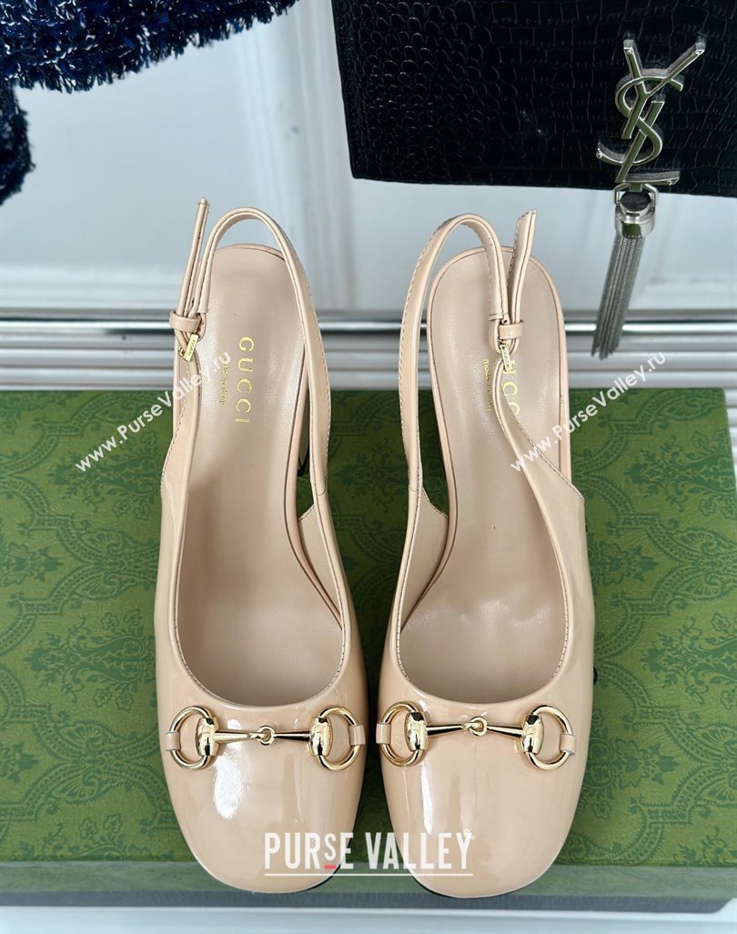 Gucci Patent Leather Horsebit Slingback Pumps 9.5cm Beige 2024 GG090604 (MD-240906052)