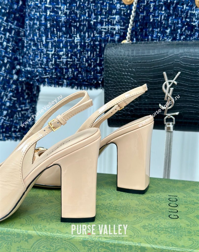 Gucci Patent Leather Horsebit Slingback Pumps 9.5cm Beige 2024 GG090604 (MD-240906052)