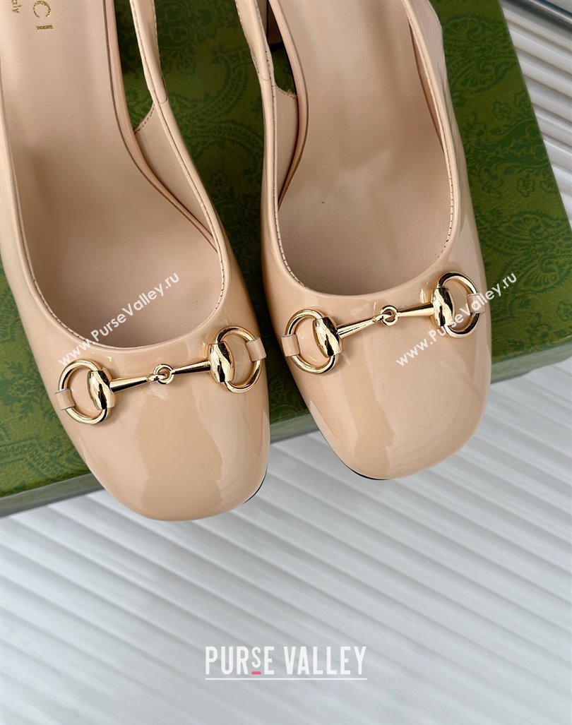 Gucci Patent Leather Horsebit Slingback Pumps 9.5cm Beige 2024 GG090604 (MD-240906052)