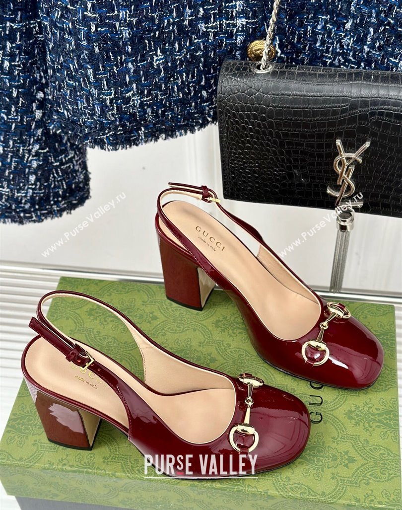 Gucci Patent Leather Horsebit Slingback Pumps 9.5cm Burgundy 2024 GG090604 (MD-240906053)