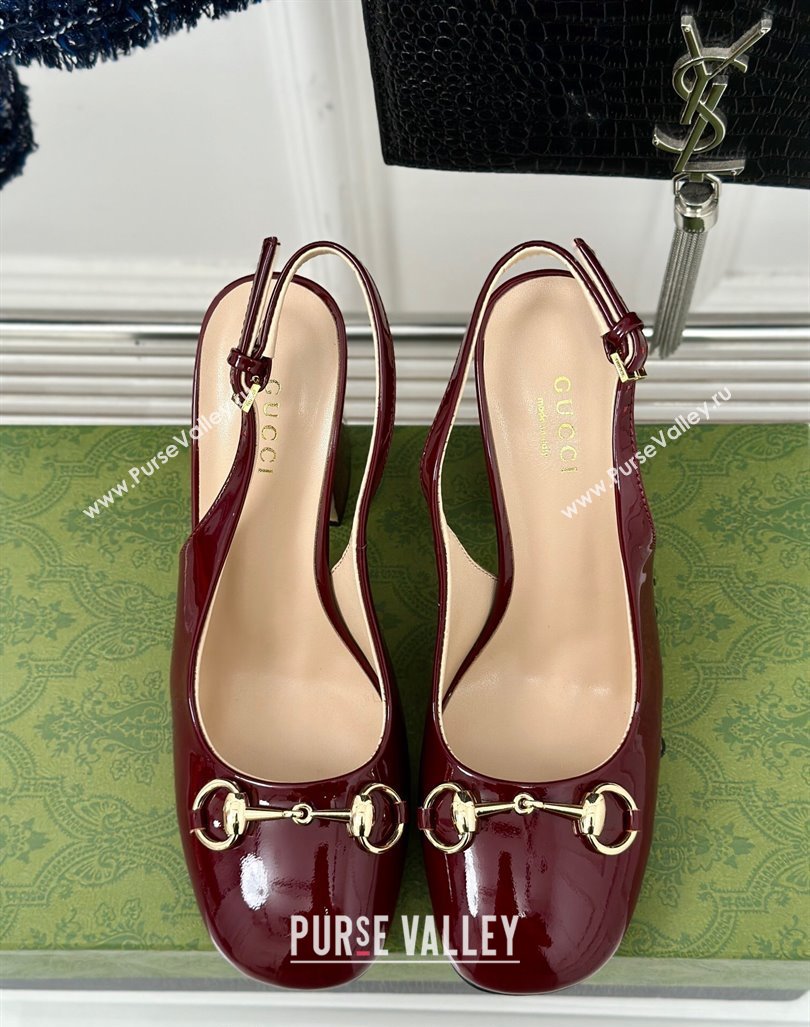 Gucci Patent Leather Horsebit Slingback Pumps 9.5cm Burgundy 2024 GG090604 (MD-240906053)