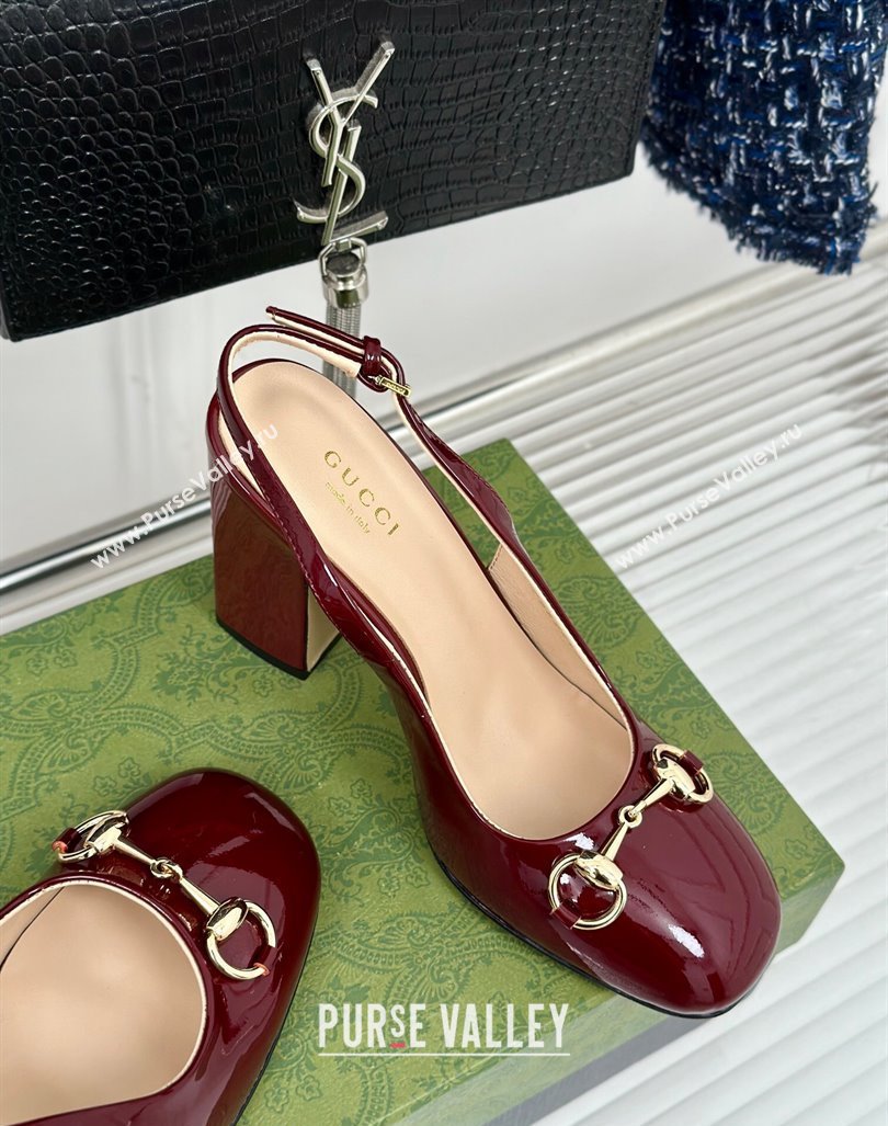 Gucci Patent Leather Horsebit Slingback Pumps 9.5cm Burgundy 2024 GG090604 (MD-240906053)