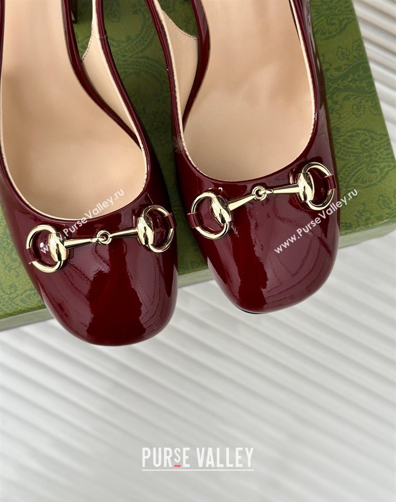 Gucci Patent Leather Horsebit Slingback Pumps 9.5cm Burgundy 2024 GG090604 (MD-240906053)