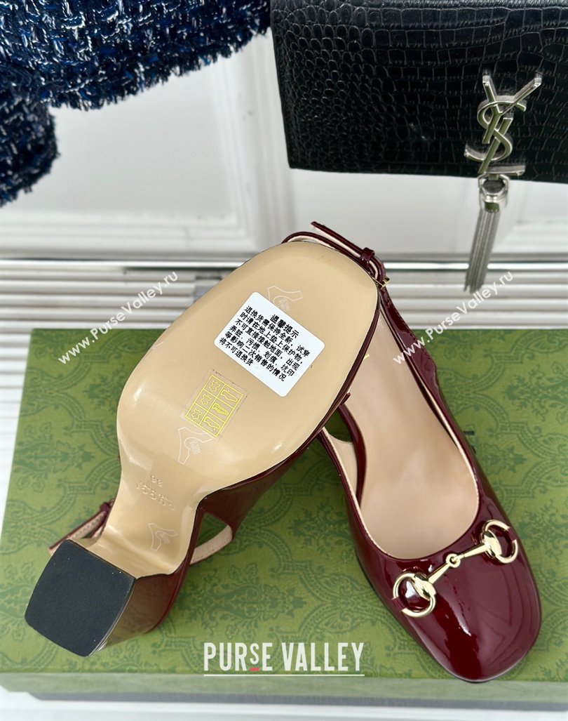 Gucci Patent Leather Horsebit Slingback Pumps 9.5cm Burgundy 2024 GG090604 (MD-240906053)