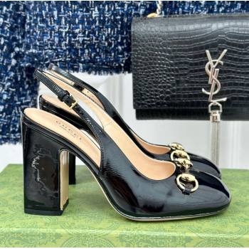 Gucci Patent Leather Horsebit Slingback Pumps 9.5cm Black 2024 GG090604 (MD-240906054)