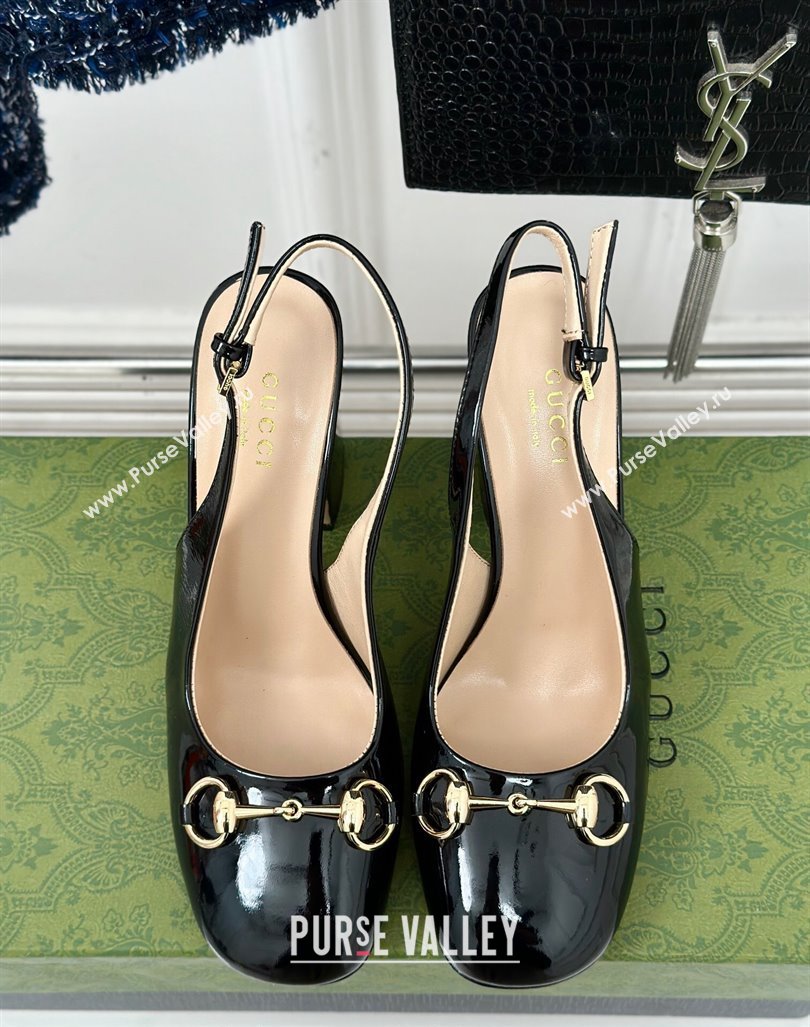 Gucci Patent Leather Horsebit Slingback Pumps 9.5cm Black 2024 GG090604 (MD-240906054)