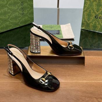 Gucci Patent Leather Horsebit Slingback Pumps 9.5cm with Strass Heel Black 2024 (MD-240906038)