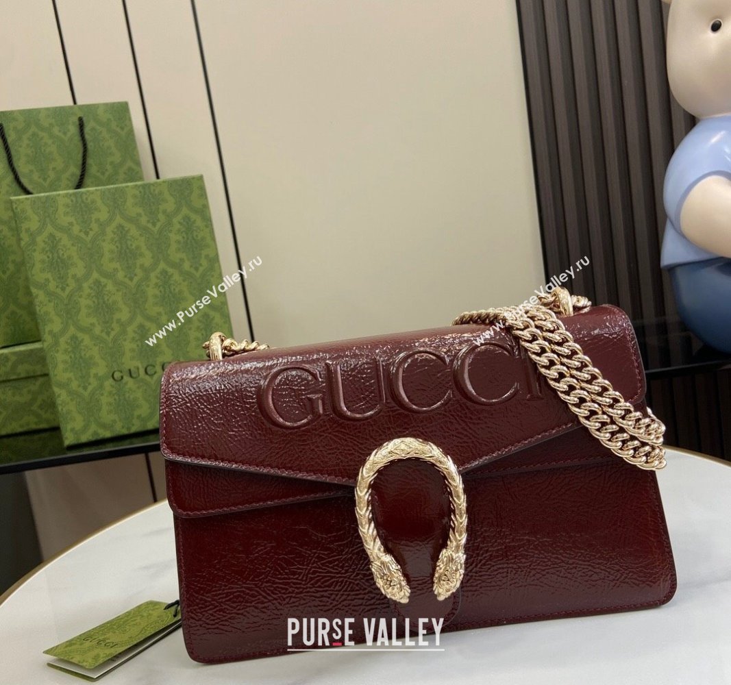 Gucci Dionysus Small Shoulder Bag in Patent Leather with GUCCI Logo Dark Burgundy 2024 795005 (XLU-240924044)