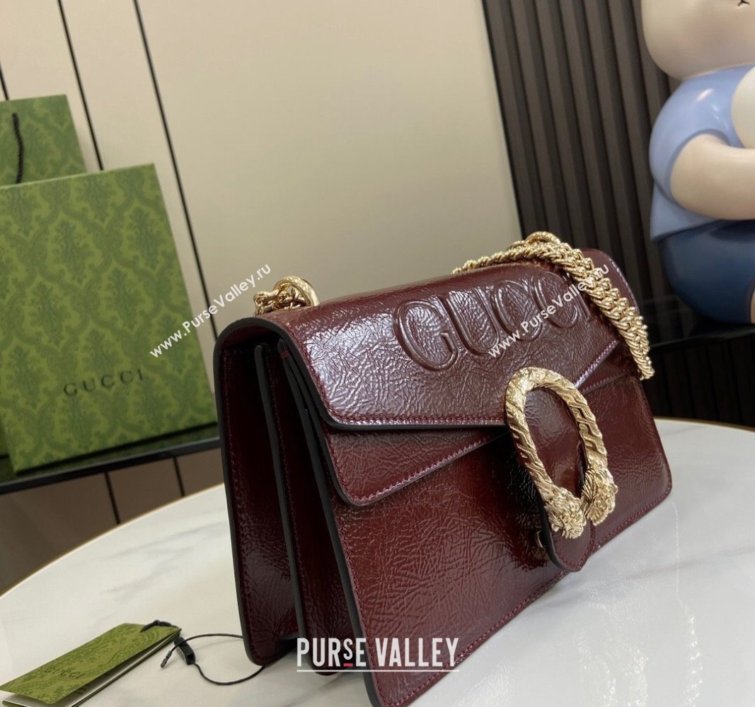 Gucci Dionysus Small Shoulder Bag in Patent Leather with GUCCI Logo Dark Burgundy 2024 795005 (XLU-240924044)