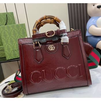 Gucci Diana Small Tote Bag with GUCCI Logo in Patent Leather Dark Burgundy 2024 702721 (XLU-240924048)