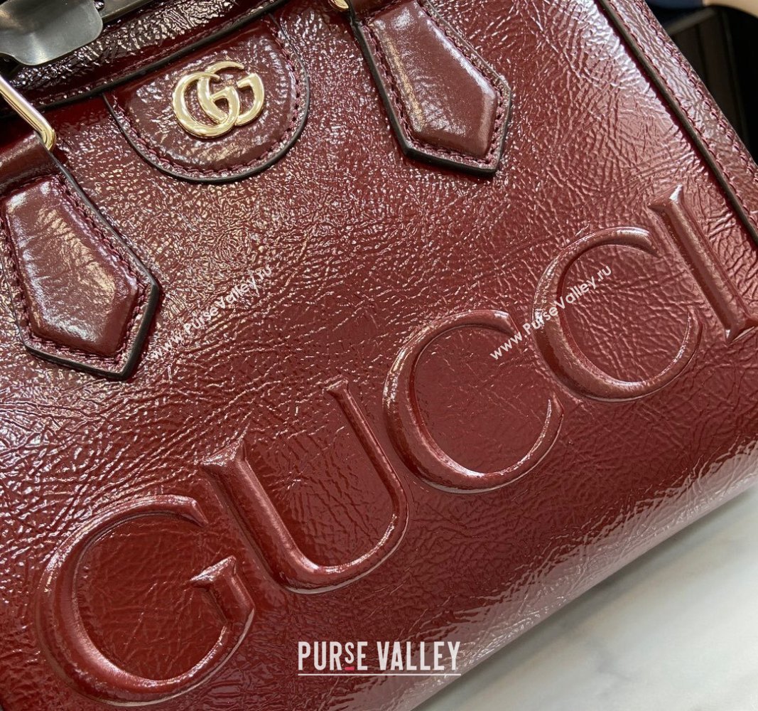 Gucci Diana Small Tote Bag with GUCCI Logo in Patent Leather Dark Burgundy 2024 702721 (XLU-240924048)