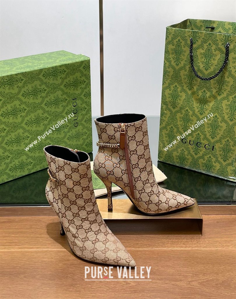 Gucci GG Canvas Ankle Boots 10.5cm with GUCCI Chain Beige 2024 GG101404 (MD-241014055)