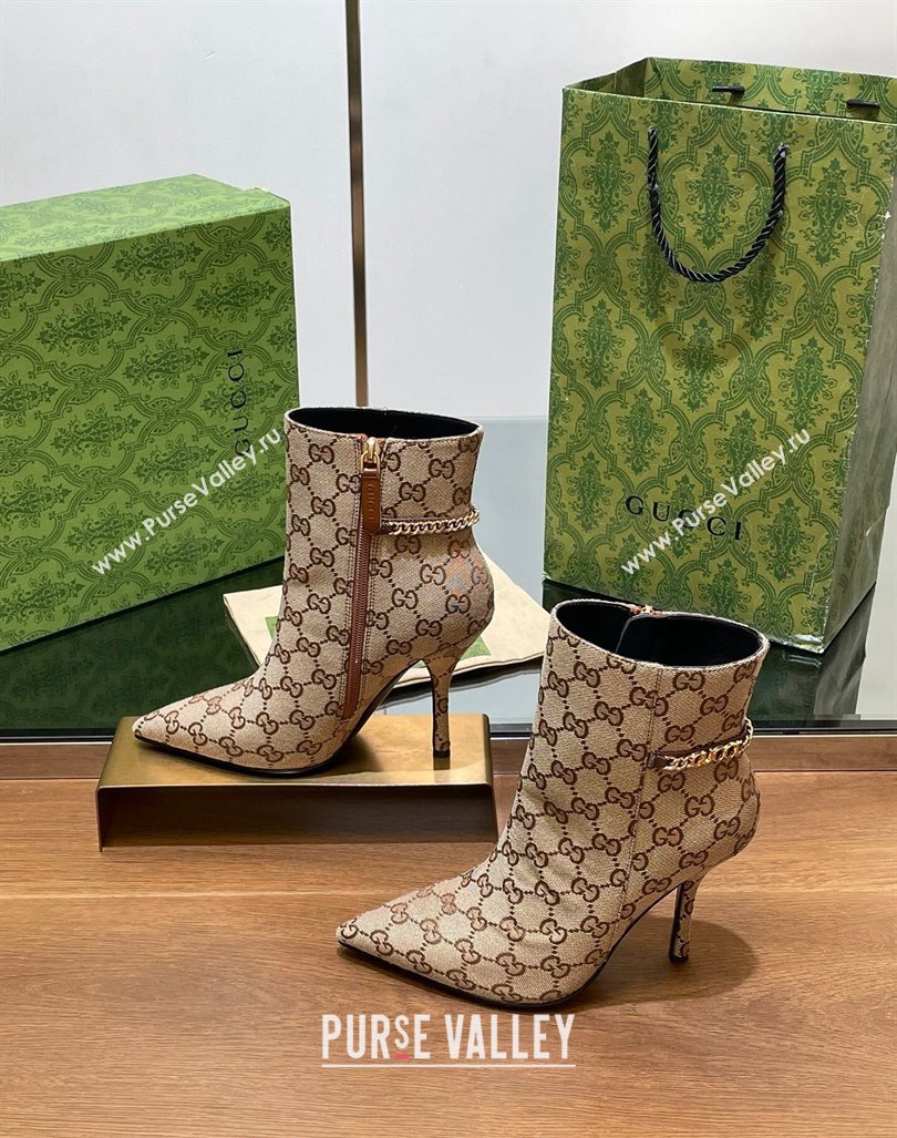 Gucci GG Canvas Ankle Boots 10.5cm with GUCCI Chain Beige 2024 GG101404 (MD-241014055)