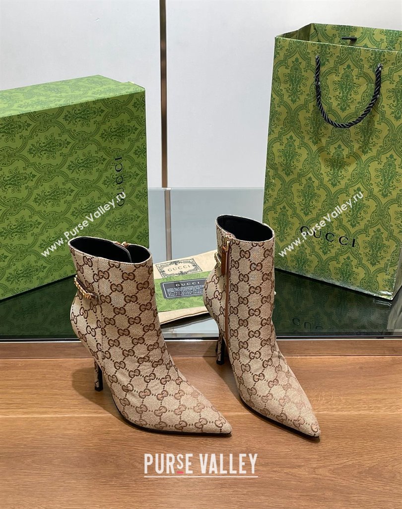 Gucci GG Canvas Ankle Boots 10.5cm with GUCCI Chain Beige 2024 GG101404 (MD-241014055)