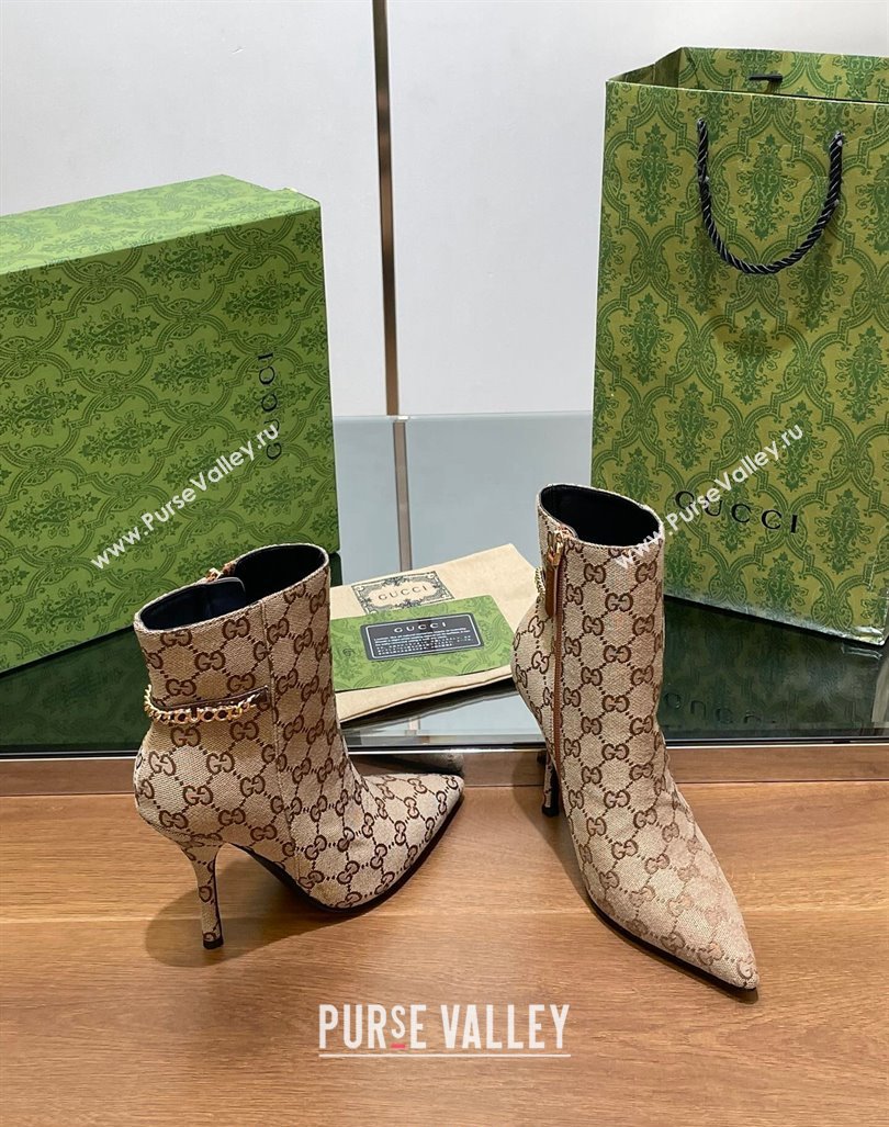 Gucci GG Canvas Ankle Boots 10.5cm with GUCCI Chain Beige 2024 GG101404 (MD-241014055)