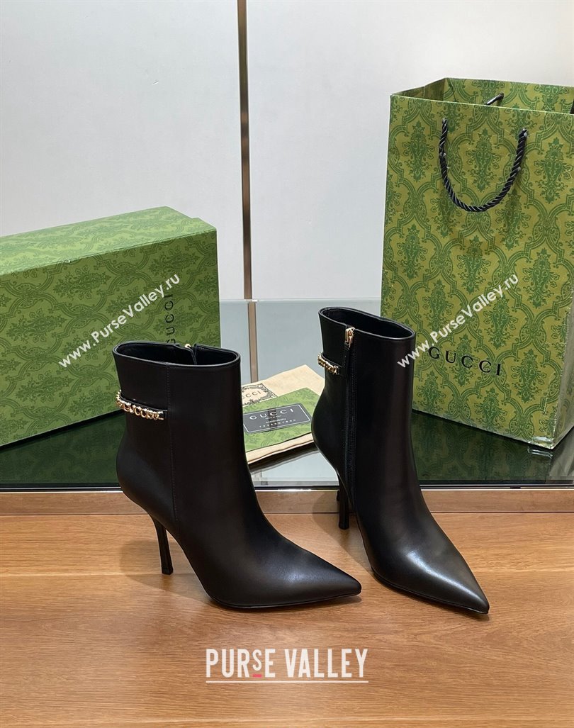 Gucci Leather Ankle Boots 10.5cm with GUCCI Chain Black 2024 GG101404 (MD-241014052)