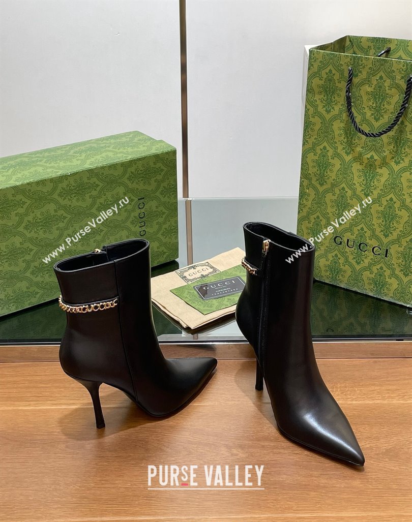 Gucci Leather Ankle Boots 10.5cm with GUCCI Chain Black 2024 GG101404 (MD-241014052)