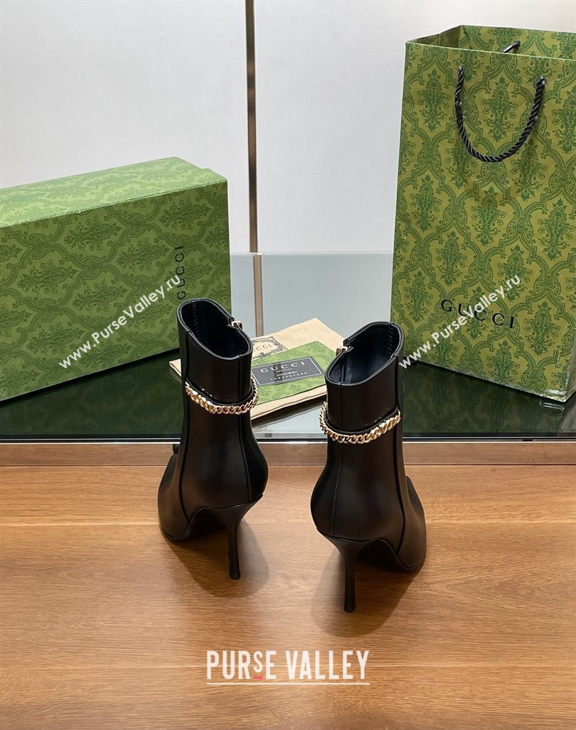 Gucci Leather Ankle Boots 10.5cm with GUCCI Chain Black 2024 GG101404 (MD-241014052)