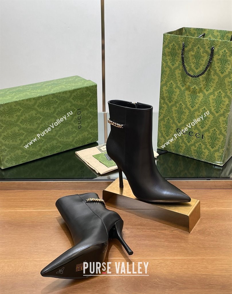 Gucci Leather Ankle Boots 10.5cm with GUCCI Chain Black 2024 GG101404 (MD-241014052)