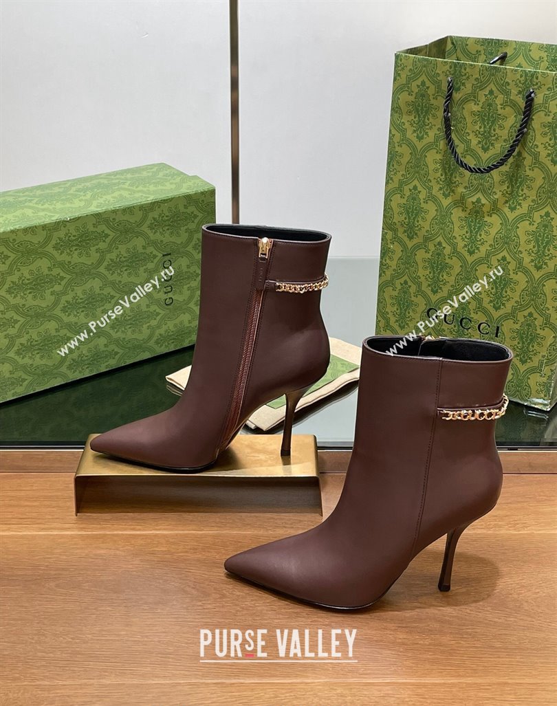 Gucci Leather Ankle Boots 10.5cm with GUCCI Chain Brown 2024 GG101404 (MD-241014053)