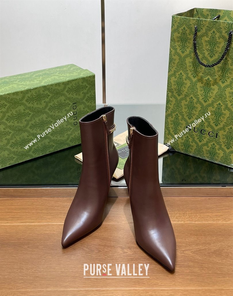 Gucci Leather Ankle Boots 10.5cm with GUCCI Chain Brown 2024 GG101404 (MD-241014053)