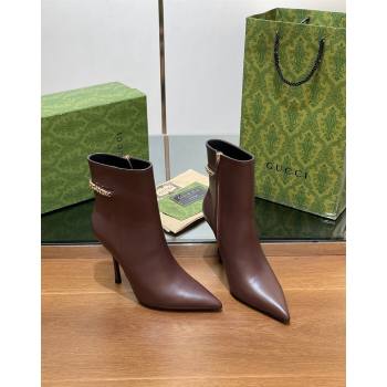 Gucci Leather Ankle Boots 10.5cm with GUCCI Chain Brown 2024 GG101404 (MD-241014053)