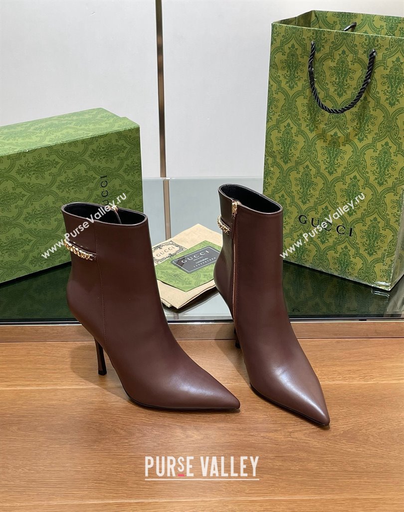 Gucci Leather Ankle Boots 10.5cm with GUCCI Chain Brown 2024 GG101404 (MD-241014053)