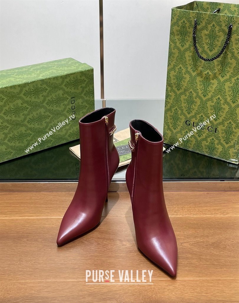 Gucci Leather Ankle Boots 10.5cm with GUCCI Chain Burgundy 2024 GG101404 (MD-241014054)