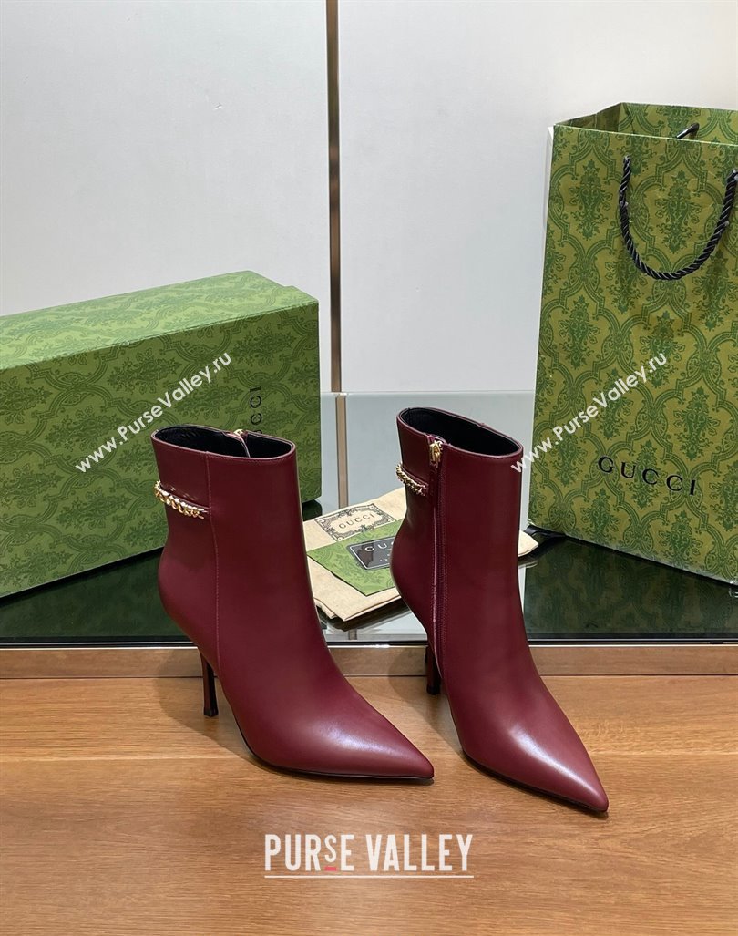 Gucci Leather Ankle Boots 10.5cm with GUCCI Chain Burgundy 2024 GG101404 (MD-241014054)