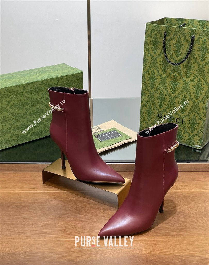 Gucci Leather Ankle Boots 10.5cm with GUCCI Chain Burgundy 2024 GG101404 (MD-241014054)