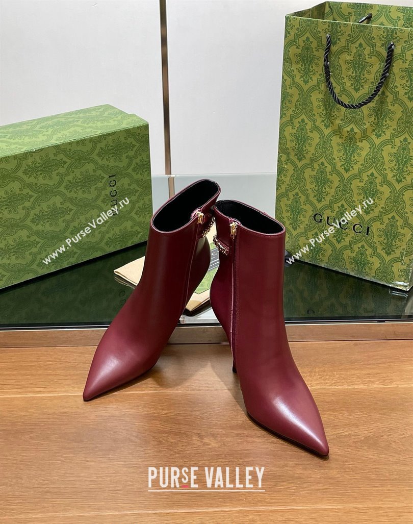 Gucci Leather Ankle Boots 10.5cm with GUCCI Chain Burgundy 2024 GG101404 (MD-241014054)