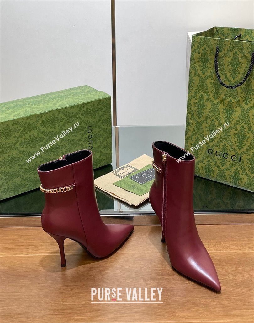 Gucci Leather Ankle Boots 10.5cm with GUCCI Chain Burgundy 2024 GG101404 (MD-241014054)