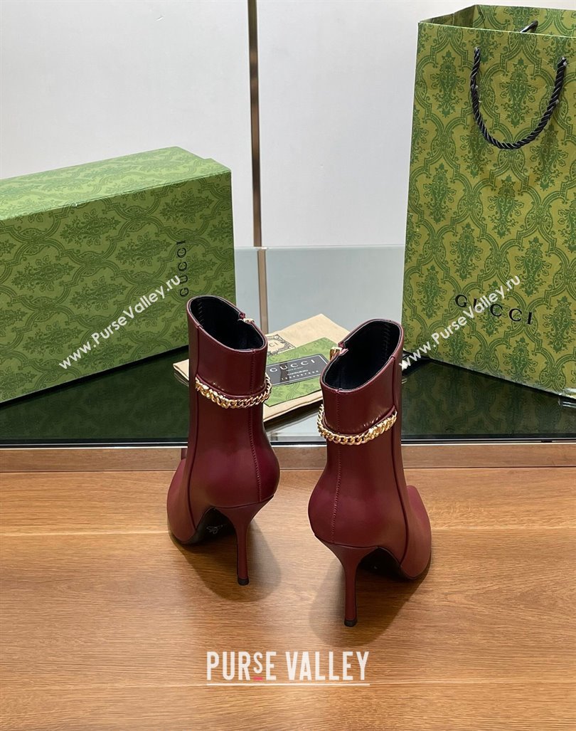 Gucci Leather Ankle Boots 10.5cm with GUCCI Chain Burgundy 2024 GG101404 (MD-241014054)