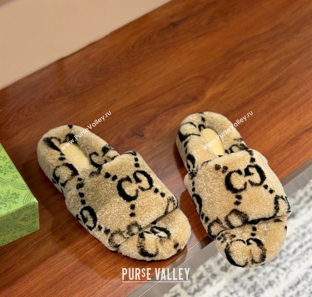 Gucci Maxi GG Wool Platform Slides Sandal Dark Beige 2024 GG101406 (SS-241014064)