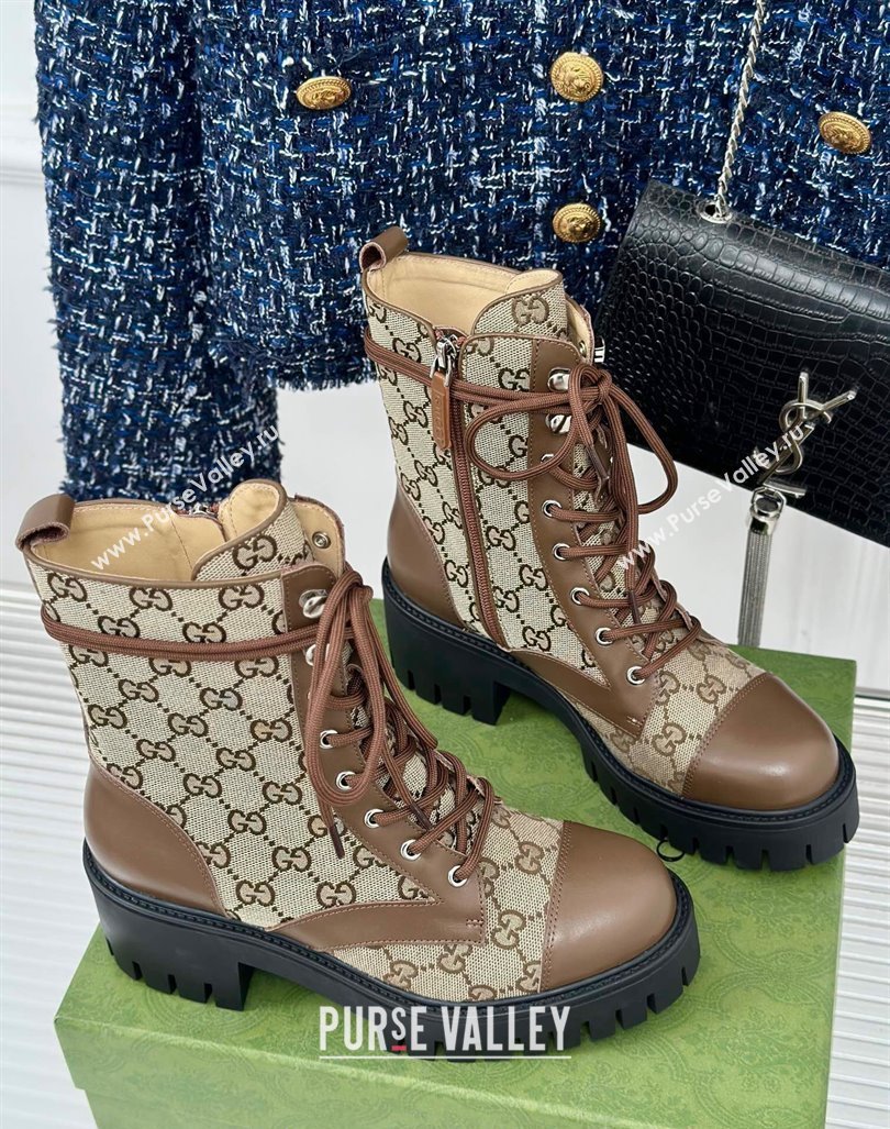 Gucci GG Canvas and Leather Lace-up Ankle Boots 6cm Brown 2024 GG101405 (MD-241014060)