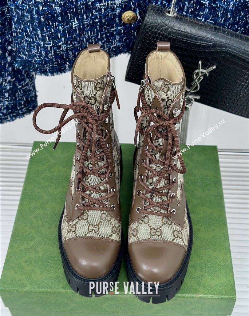 Gucci GG Canvas and Leather Lace-up Ankle Boots 6cm Brown 2024 GG101405 (MD-241014060)