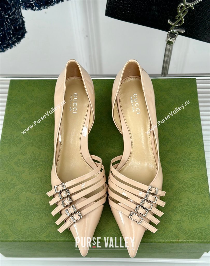 Gucci Strappy Buckle Patent Leather Mid Pumps 6.5cm Beige 2024 (MD-241014071)