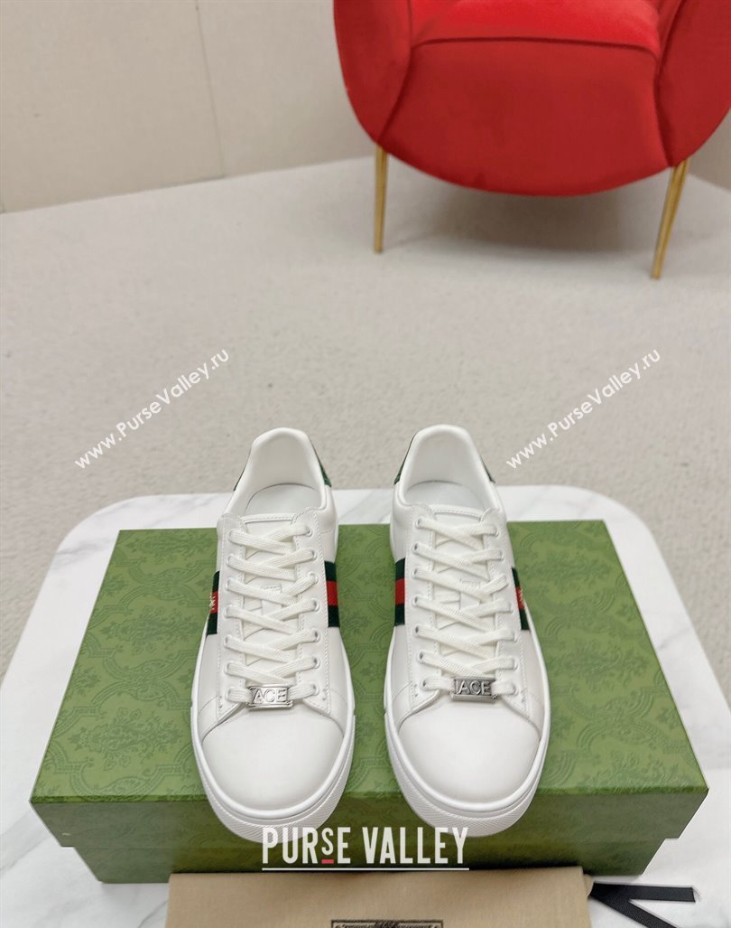 Gucci Ace Leather Sneakers with Bee Web White/Green 2024 GG101408 (MD-241014075)