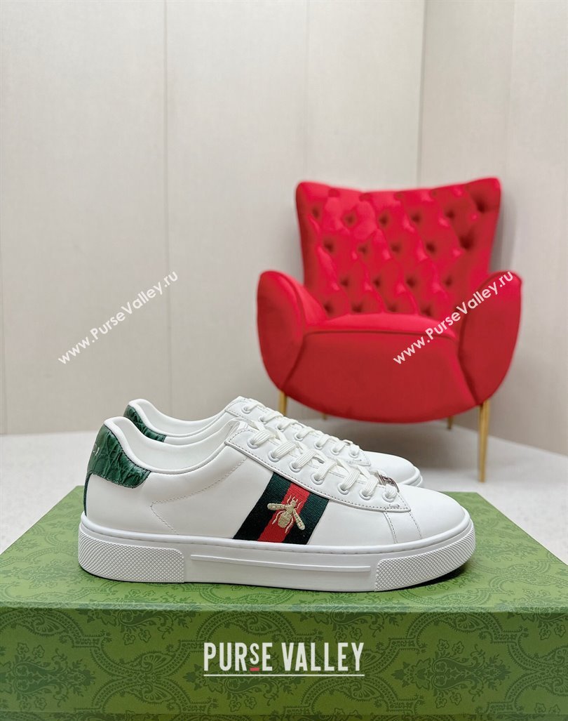 Gucci Ace Leather Sneakers with Bee Web White/Green 2024 GG101408 (MD-241014075)