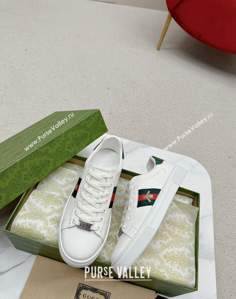 Gucci Ace Leather Sneakers with Bee Web White/Green 2024 GG101408 (MD-241014075)