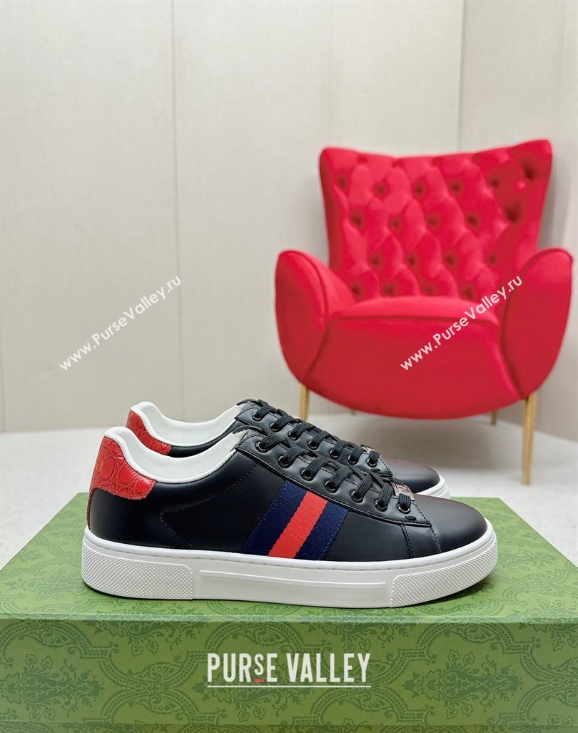 Gucci Ace Leather Sneakers with Web Black/Red 2024 GG101408 (MD-241014077)