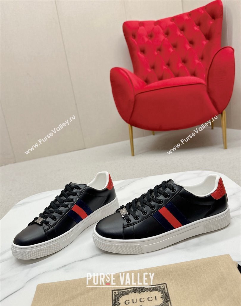 Gucci Ace Leather Sneakers with Web Black/Red 2024 GG101408 (MD-241014077)