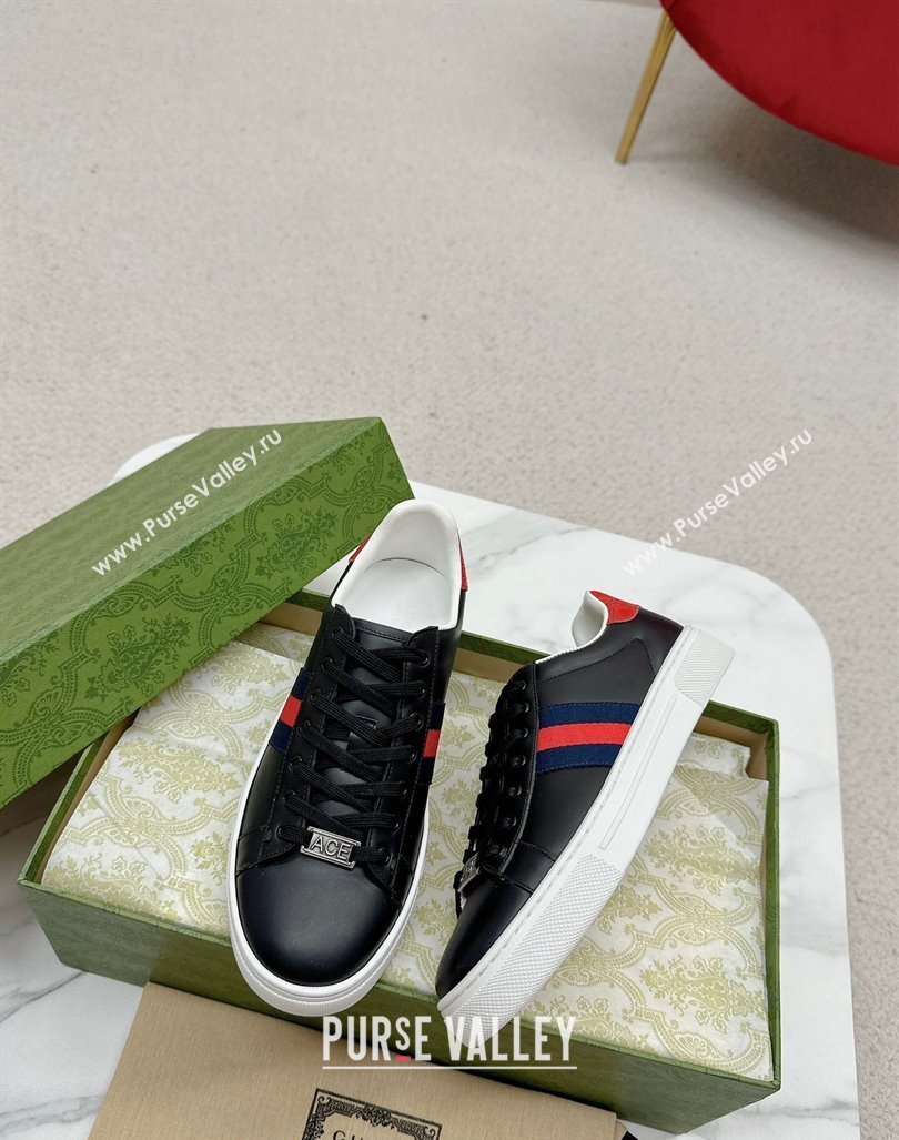 Gucci Ace Leather Sneakers with Web Black/Red 2024 GG101408 (MD-241014077)